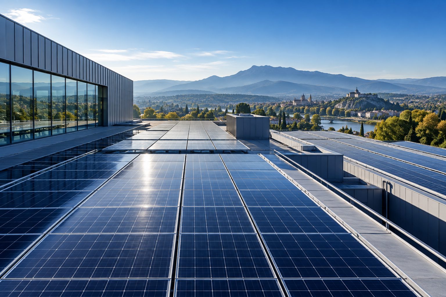 Panneaux photovoltaïques sur une toiture industrielle